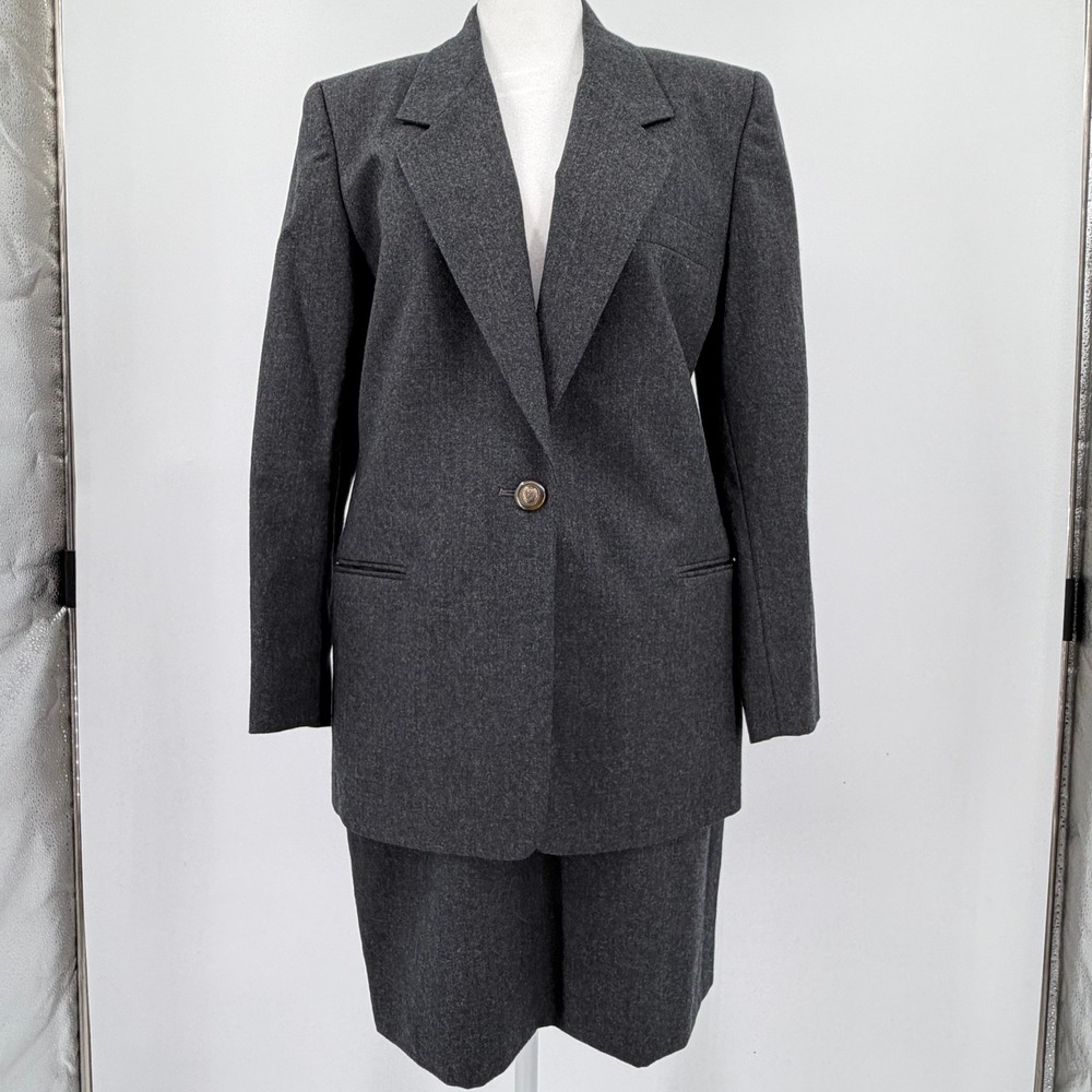 Talbots Petites 100% Wool Grey Skirt Suit Set Size Vintage 8P Office Work Wear